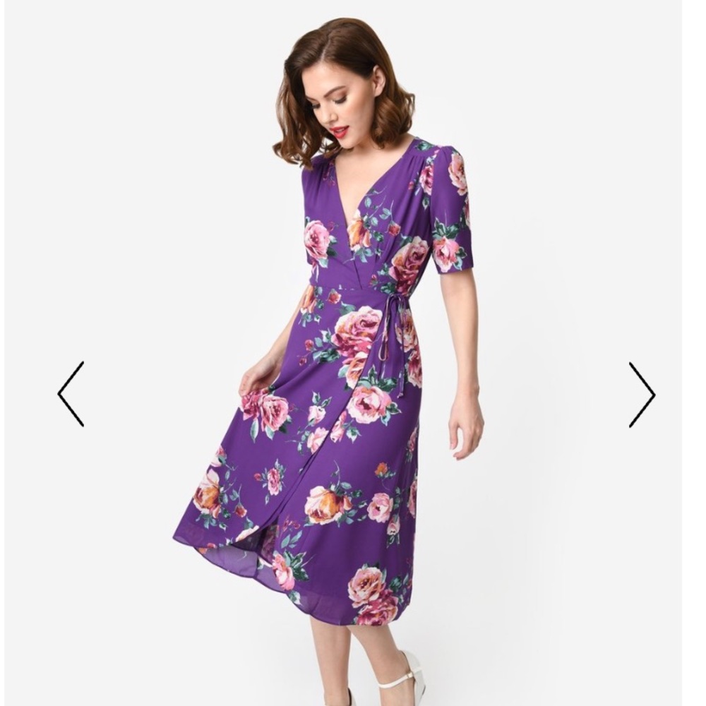 Unique Vintage Purple Floral Wrap Dress size L